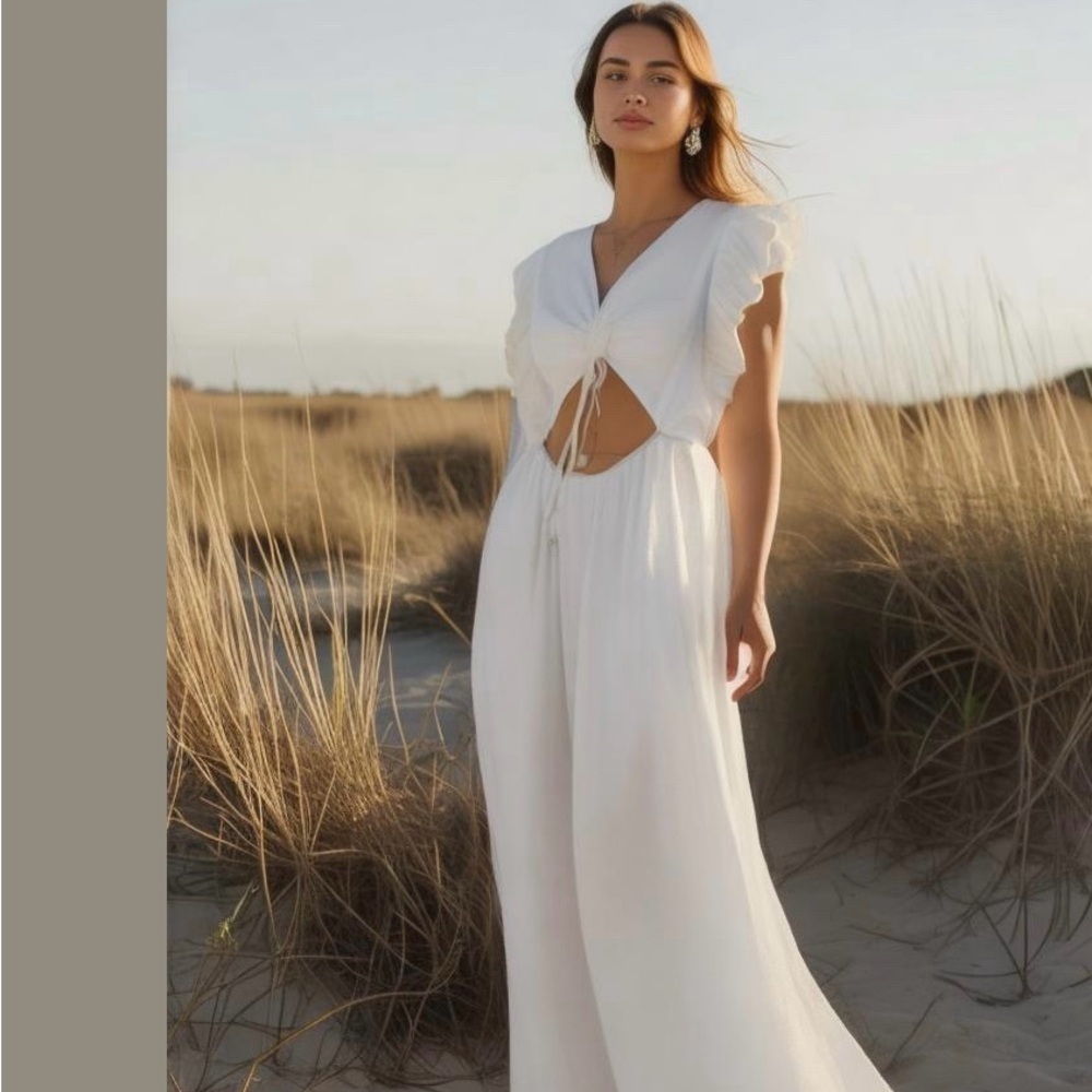 Entro USA Ruffled long Midi Elegant White Ruffle dress